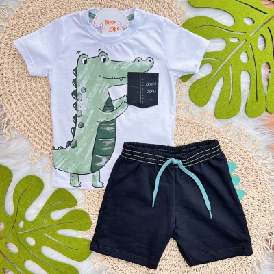 Conj. Camiseta Croco Stories e Bermuda - Branco e Verde